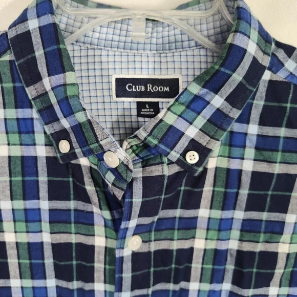 Club Room Plaid Check Blue Green Button Down Shirt Men Size L Lined Long Sleeve - Picture 5 of 10